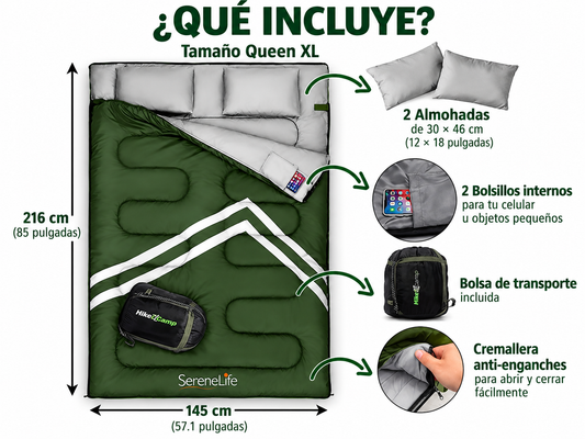 Saco de Dormir Doble Queen XL – 2 Personas