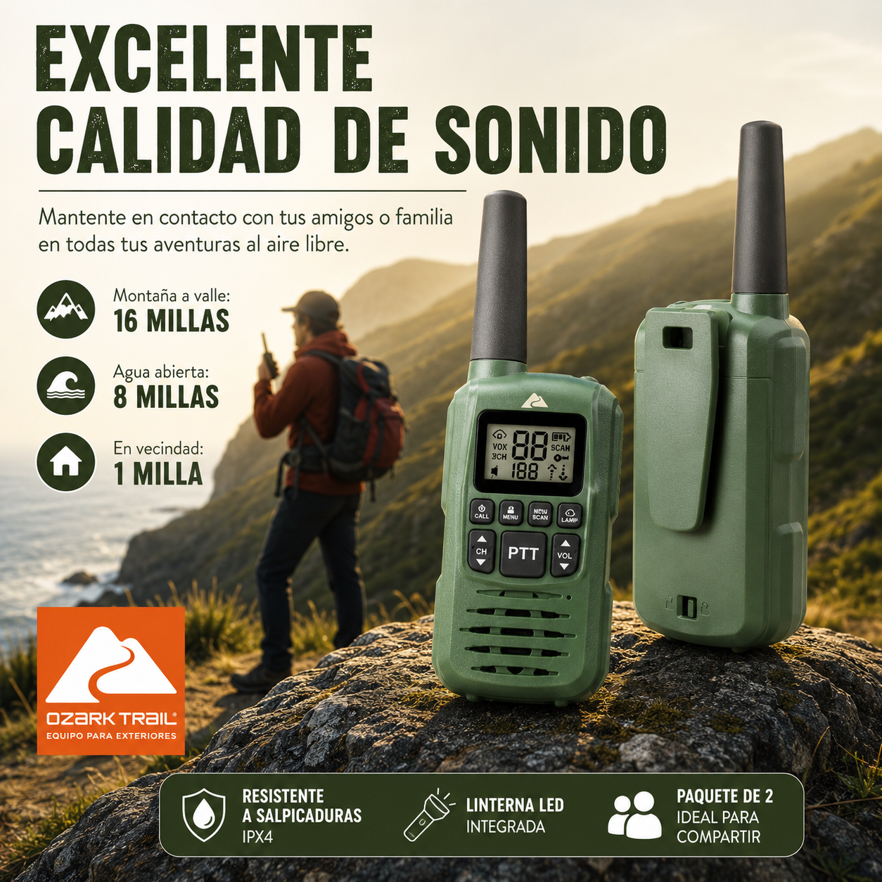 Walkie Talkies Ozark Trail IPX4 Resistentes al Agua – 22 Canales (Paquete de 2)